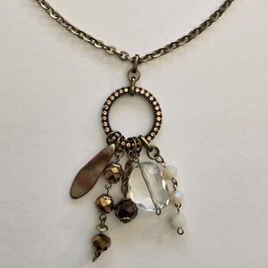 Vintage Boho Crystal Ring Necklace Antiqued Brass Chain Whimsigoth Charm Dangles